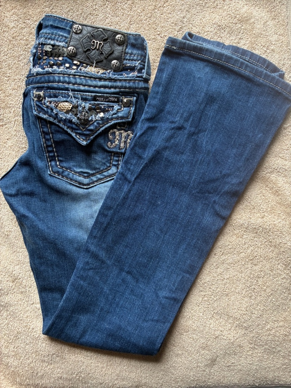 Miss Me 26 Dark Blue Bootcut Jeans with Embellished Back Pockets